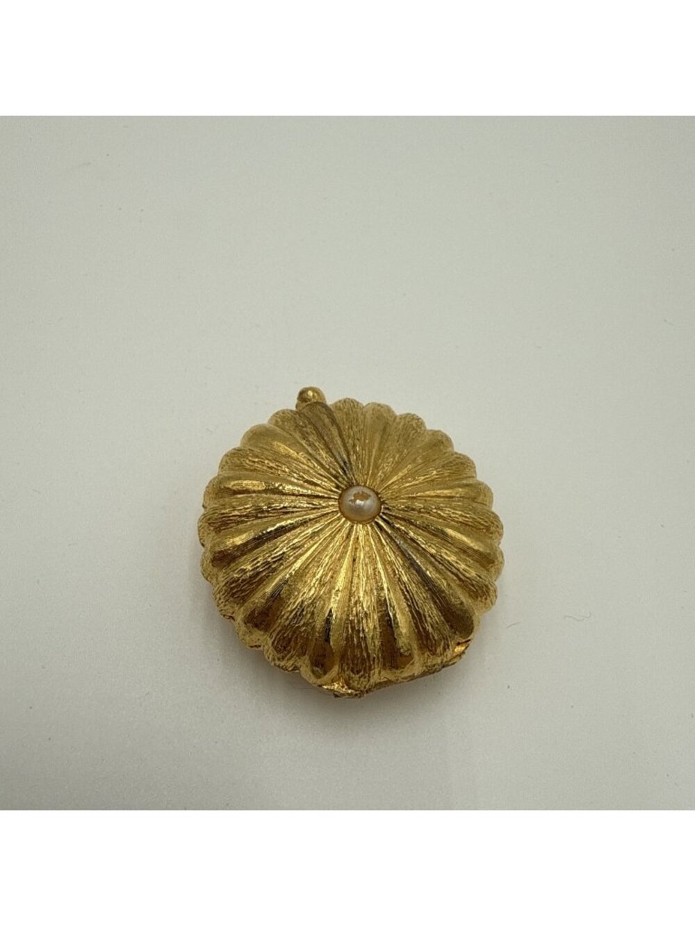 Vintage Compact Trinket Box Ornate Gold Tone Pearl Round PIll Box